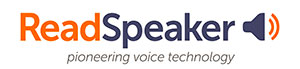 ReadSpeaker, pioneering voice technology written in orange and blue font