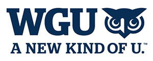 WGU A new kind of U written in dark blue font with their same-colored logo in the upper right