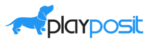 PlayPosit written in black and blue with small dog image as part of logo