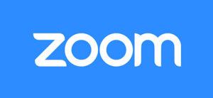 Zoom written in white font on a blue background
