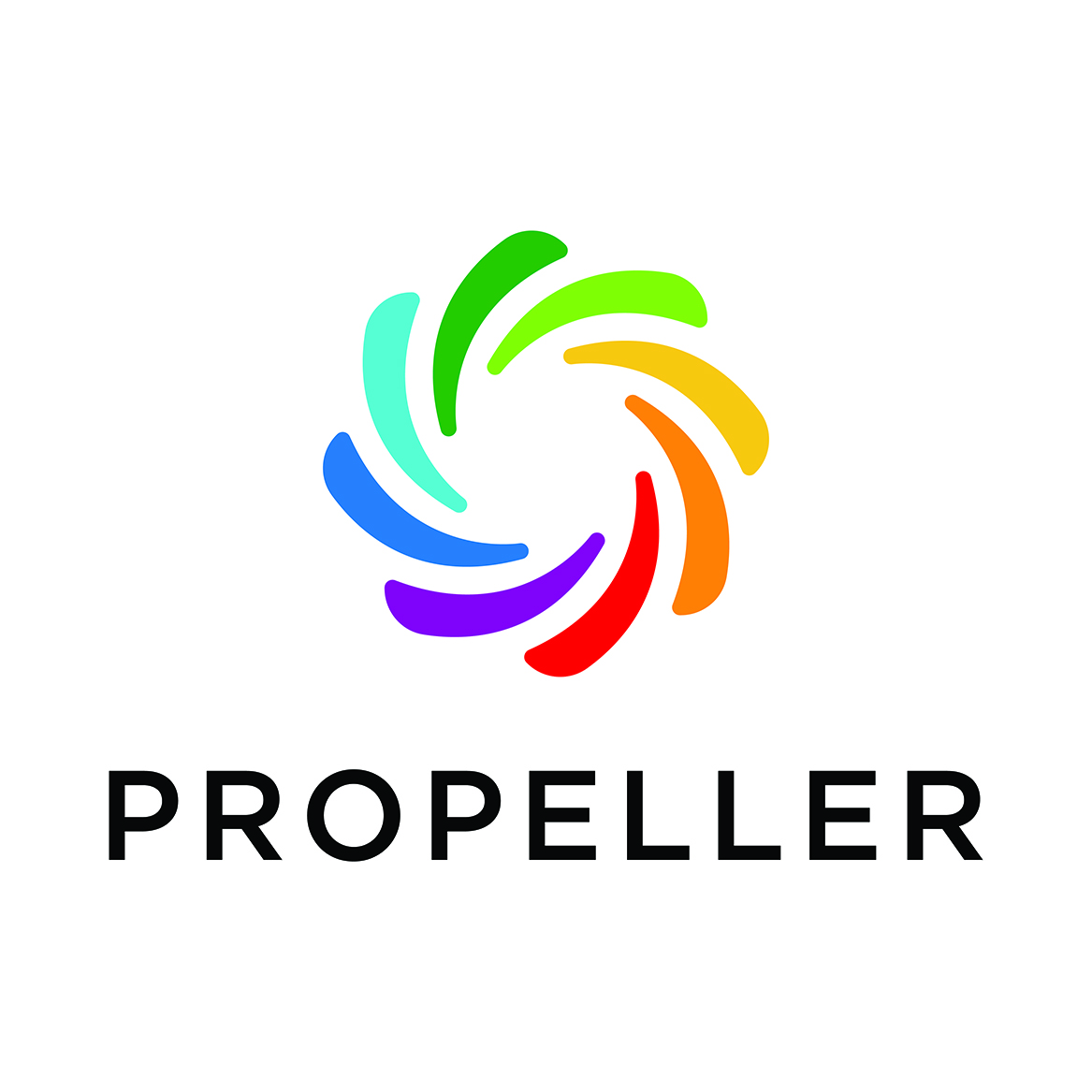 Propeller in black lettering with rainbow colored swirl logo above