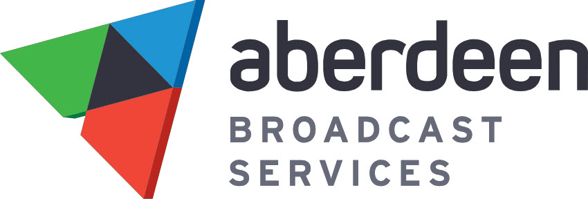 green black blue and red logo with the word "aberdeen broadcast services" spelled out in black font; all on a white background